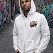 Hooded Jacket white - Graffiti    Klassische Sweatjacke mit Kapuze  Sweat-Qualität mit angerauter Innenseite  Doppellagige Kapuze mit Kordelzug  zwei Einschubtaschen   Necktape  Bündchen mit Elasthan  Farbe: white  Material: 80% Baumwolle, 20% Polyester, 280 g/m²