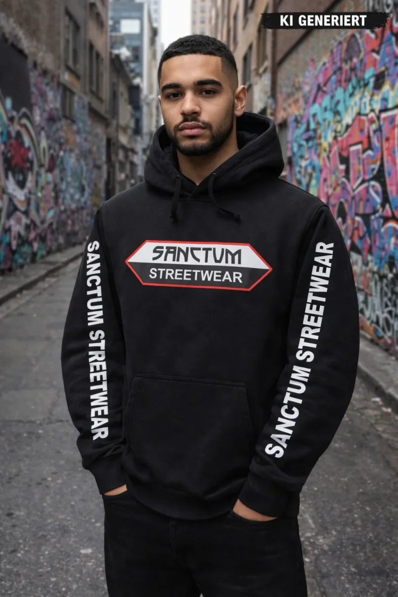 Sanctum Streetwear Hoodie black  Klassischer Kapuzensweater  Sweat-Qualität mit angerauter Innenseite  Doppellagige Kapuze mit Kordelzug  Kängurutasche  Necktape  Bündchen mit Elasthan  Farbe: black  Material: 80% Baumwolle, 20% Polyester, 280 g/m²