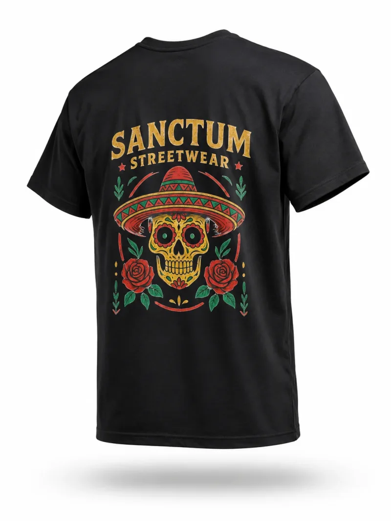 Sanctum Streetwear T-Shirt Sombrero - black    Das Sombrero Logo ist auf der Brust klein mittig aufgedruckt und auf  dem Rücken befindet sich das Sombrero Logo in groß.  Dieses Rundhals T-Shirt überzeugt durch seinen zeitlosen Schnitt und dem hohen Tragekomfort.  Klassischer Rundhalsausschnitt  Single Jersey  Farbe: black  Material: 100% Baumwolle 180 g/m²