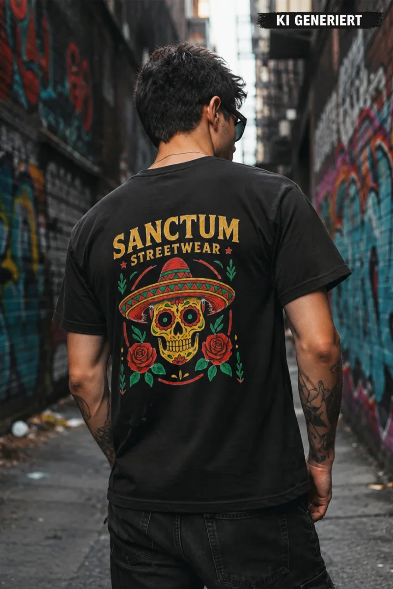 Sanctum Streetwear T-Shirt Sombrero - black    Das Sombrero Logo ist auf der Brust klein mittig aufgedruckt und auf  dem Rücken befindet sich das Sombrero Logo in groß.  Dieses Rundhals T-Shirt überzeugt durch seinen zeitlosen Schnitt und dem hohen Tragekomfort.  Klassischer Rundhalsausschnitt  Single Jersey  Farbe: black  Material: 100% Baumwolle 180 g/m²