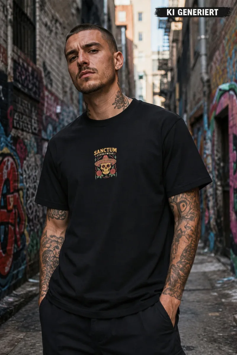 Sanctum Streetwear T-Shirt Sombrero - black    Das Sombrero Logo ist auf der Brust klein mittig aufgedruckt und auf  dem Rücken befindet sich das Sombrero Logo in groß.  Dieses Rundhals T-Shirt überzeugt durch seinen zeitlosen Schnitt und dem hohen Tragekomfort.  Klassischer Rundhalsausschnitt  Single Jersey  Farbe: black  Material: 100% Baumwolle 180 g/m²