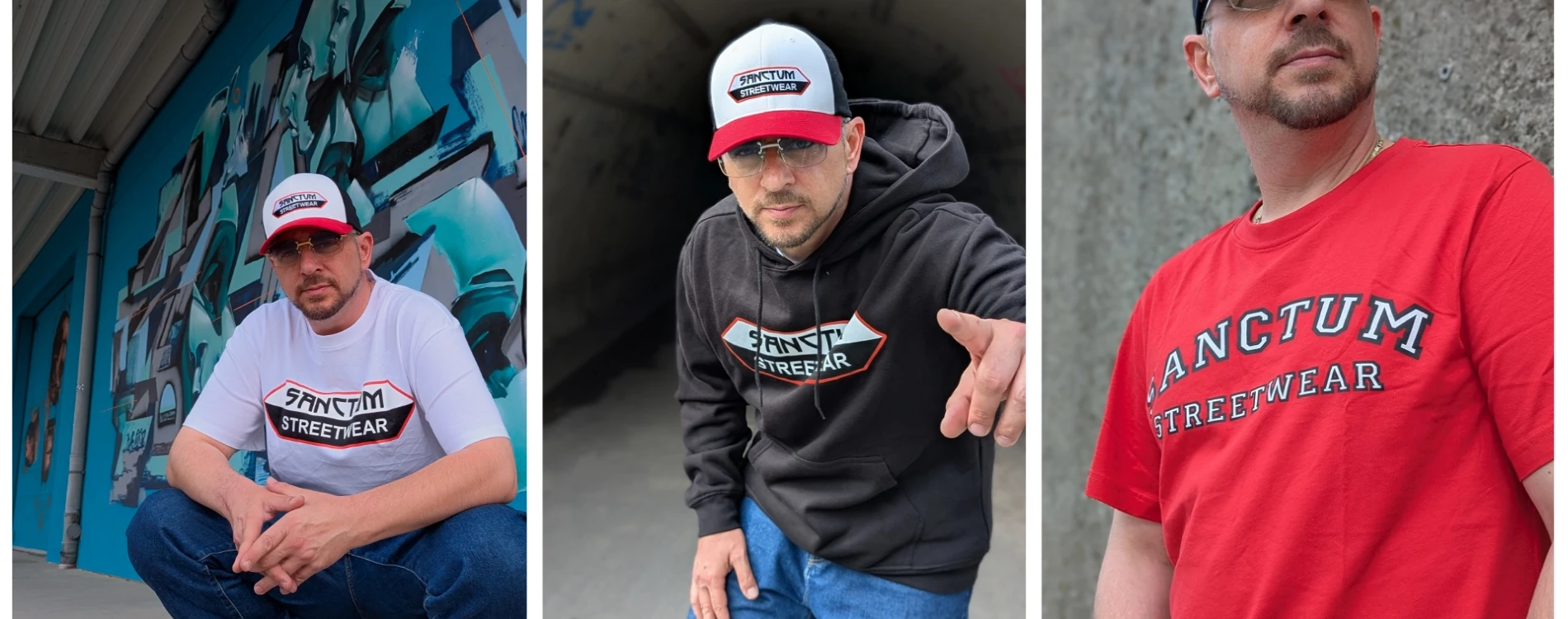 Sanctum Streetwear Collage. Präsentiert werden das Oversized T-Shirt in der Farbe weiß mit großen Druck des Sanctum Streetwear Logos auf der Brust. Der Oversized Kapuzen Pullover in schwarz ebenfalls mit großem Brustlogo. Ausserdem noch ein Bild mit dem Rundhals T-Shirt in rot mit dem Schriftzug Sanctum Streetwear auf der Brust. Dazu sieht man noch das Flexfit Cap in den Logo Farben schwarz, weiß und rot mit eingesticktem Sanctum Streetwear Logo.